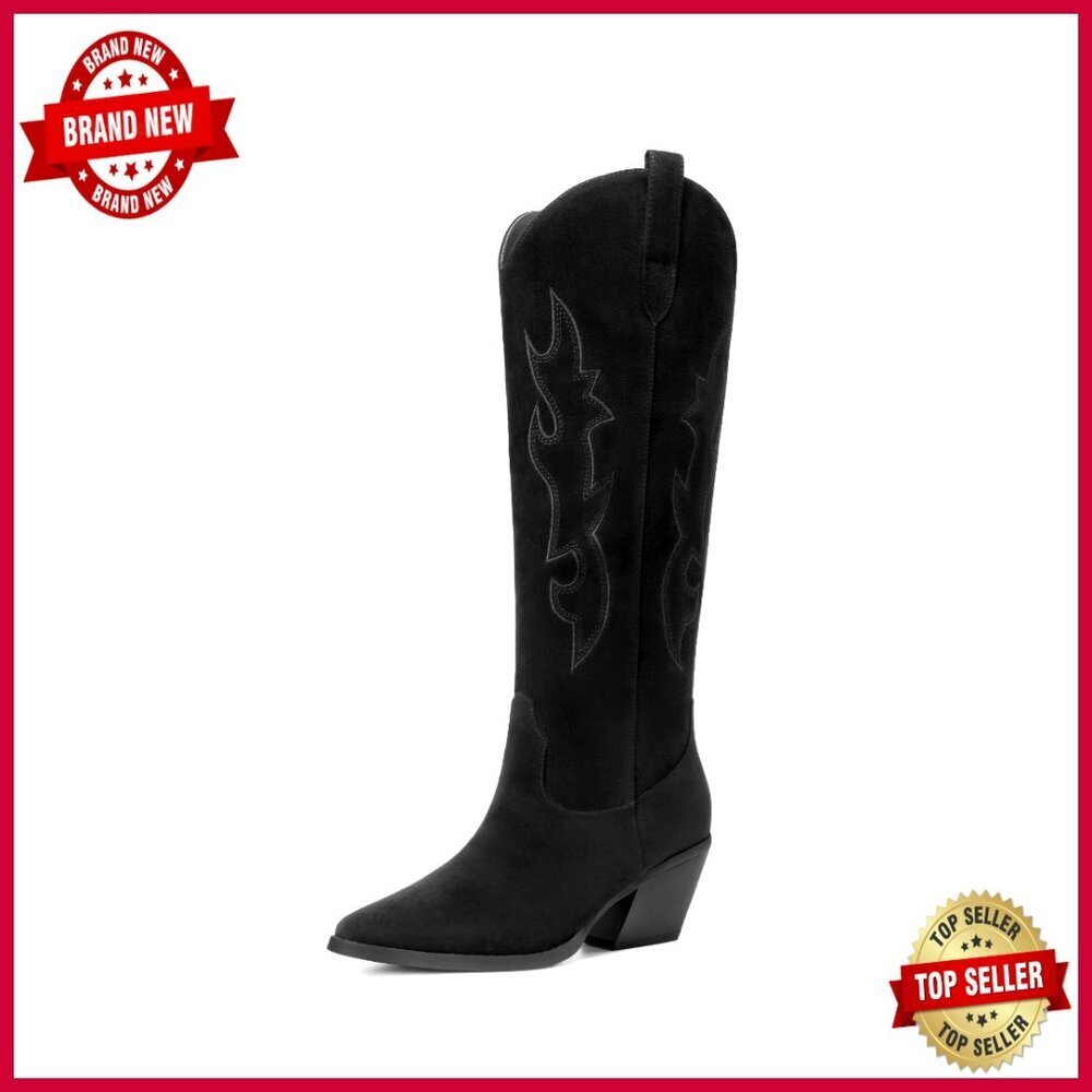 Knee High Cowboy Boots Pointed Toe Chunky Heel Suede Western Embroidered